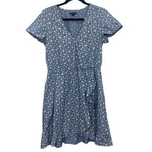 J. Crew Factory Printed chambray ruffle faux-wrap dress